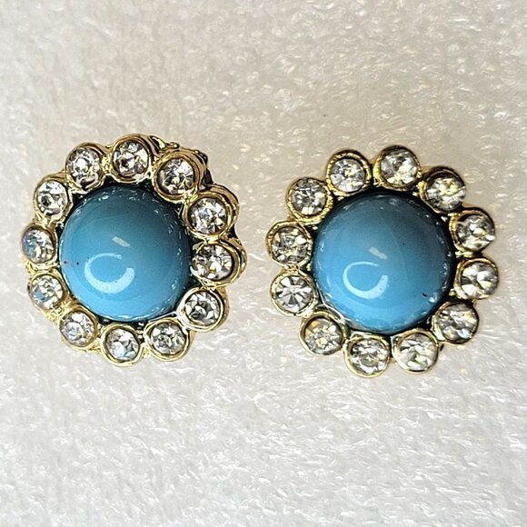 Blue Turquoise Glass cabochon Button Small Earrings - Picture 3 of 8